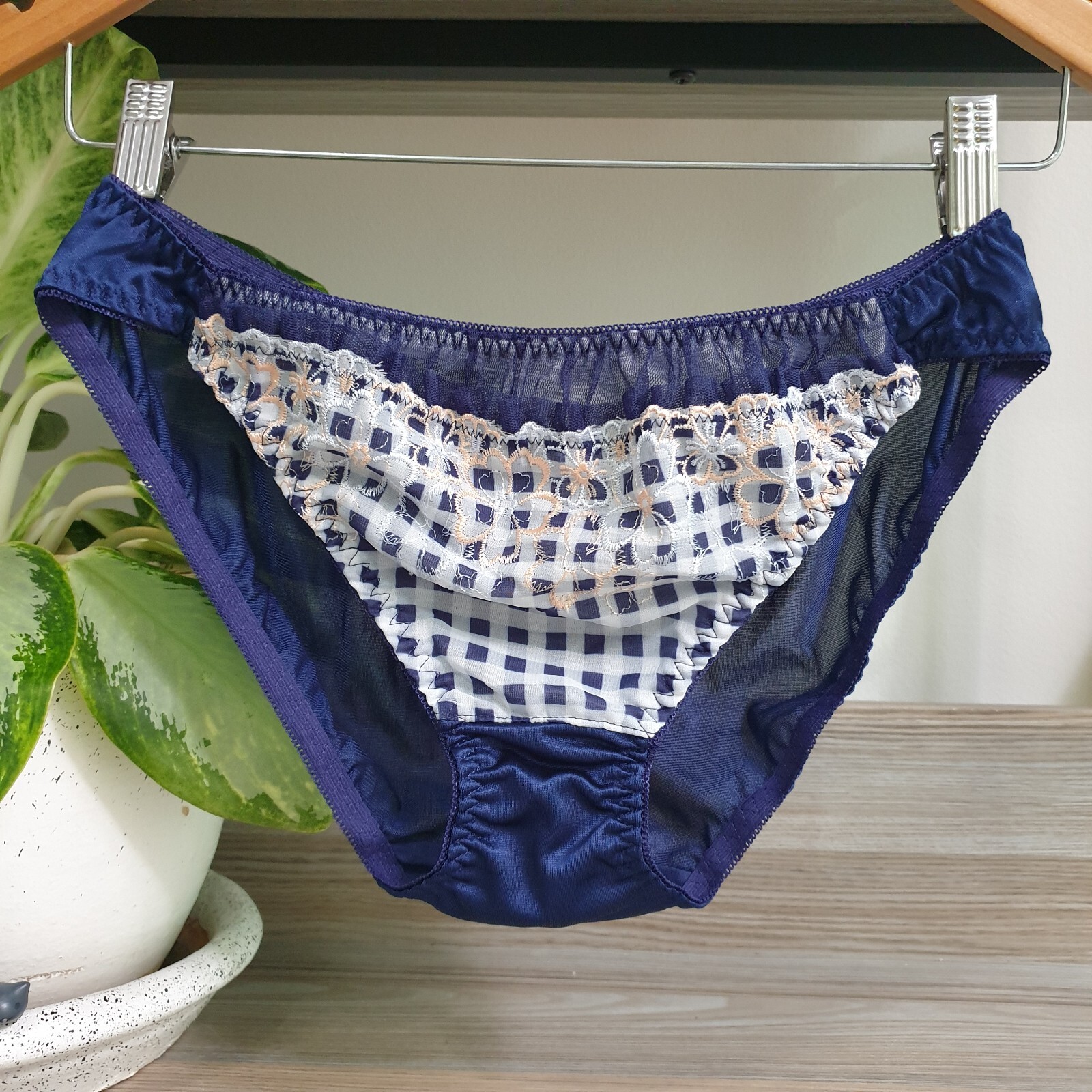Vintage Nylon Panties Navy Blue Bikini Tartan Chiffon… Gem