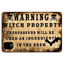 Halloween Witch Property Warning Sign - Spooky Decor 12x8 Inch Aluminum
