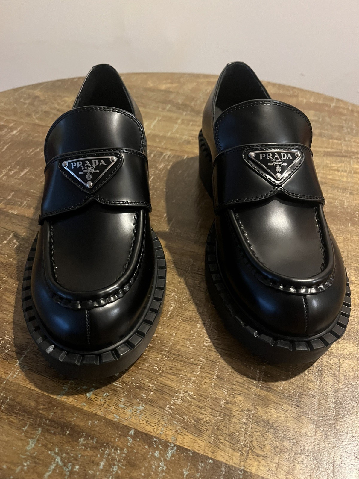 Prada Monolith Black Leather Loafers Triangle Logo Platform Shoes Women’s