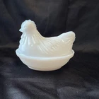 Vintage 1940s  White Milk Glass Hen on Nest Covered Dish