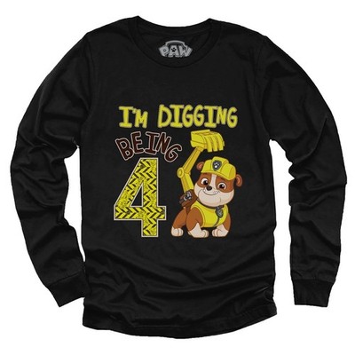 Paw Patrol Rubble 4th Birthday Shirt - Long Sleeve T-Shirt with Bulldozer Dig...