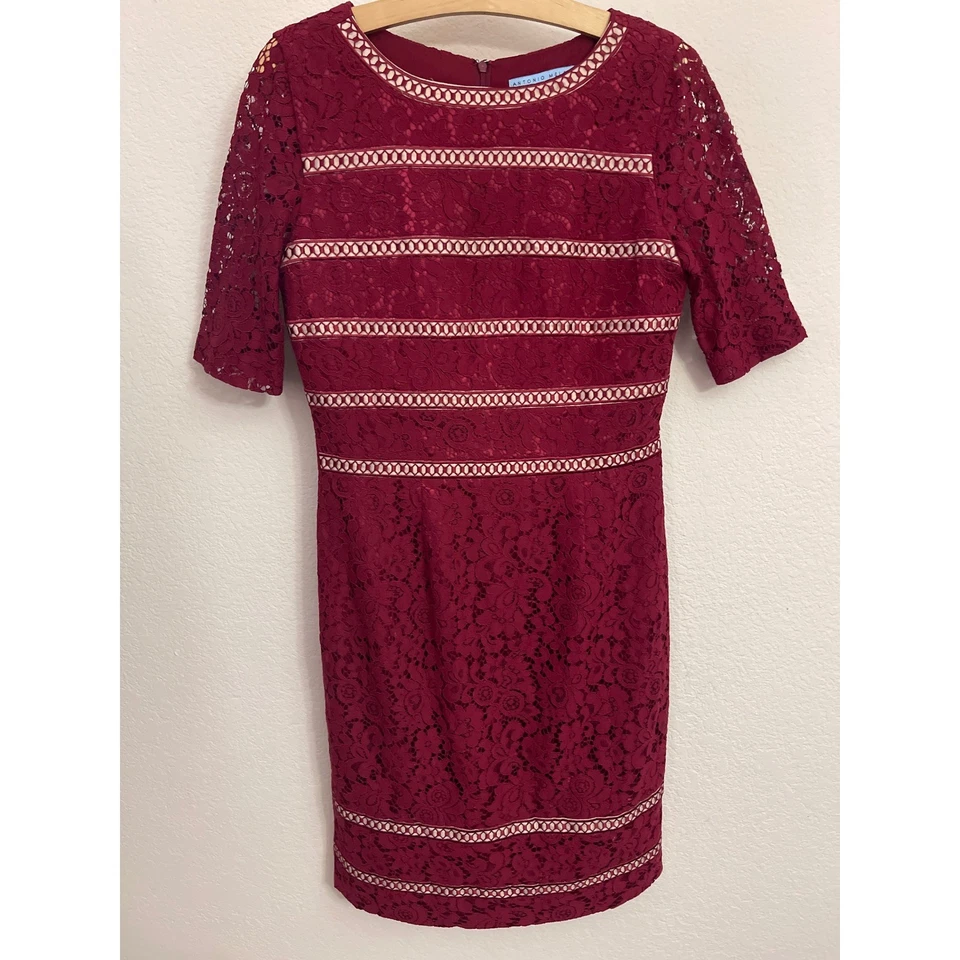 Vestido Antonio Melani Talla 6 Borgoña Encaje Funda Fiesta Cóctel Foto 2 de 4