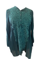 Johnny Was Teal Tunic Large Embroidered Festival Handkerchief Hem Green Long