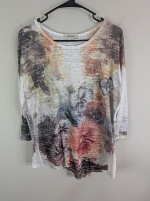 Jess & Jane Top Women's Petite Large Beige Long Sleeve Floral Rhinestones Boho