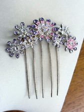 Vintage Style Floral Rhinestone Hair Comb   Pink Purple Crystal Daisy Spray