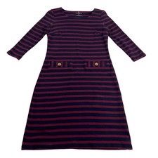 Talbots A-Line Dress Petite’s P (PS) Navy Blue Burgundy Stripes 3/4 Sleeve