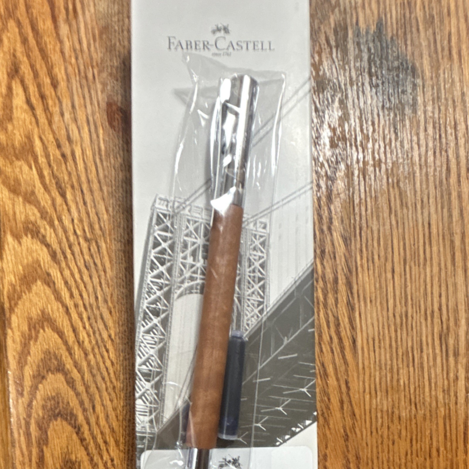 Faber-Castell Wood Ballpoint Pen Chrome Trim Blue Ink Silver Cap Wood Barrel