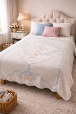 Vintage Floral Embroidered Quilt Bedspread Coverlet
