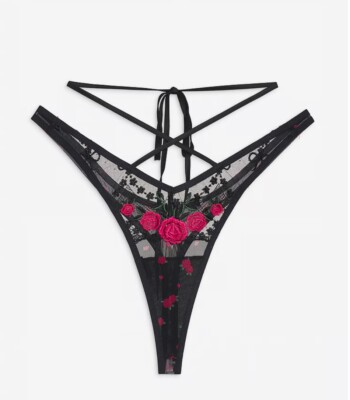 Victoria s Secret For Love And Lemons Roja Thong Panty Strappy Black Rose Size M
