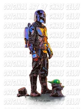 Mandalorian & Grogu Star Wars Orig Illus Fan Art Print Chris Gelsi 8.5x11 NOT AI