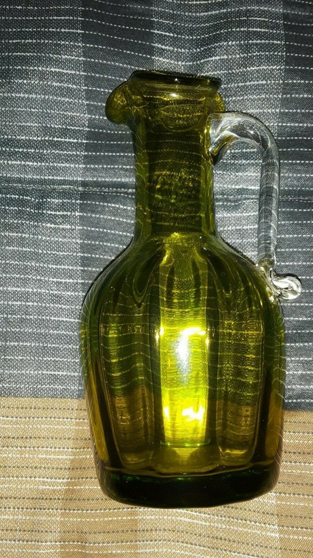 Vintage Green Blown Glass Oil or Vinegar Cruet Bottle 5'' No Stopper