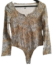 Victoria's Secret PINK Bodysuit Long Sleeve Leopard Animal Print Logo Top L NWT