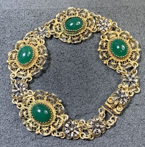 800 Sterling Silver, Gilded Filigree, Green Cabochon, Antique Bracelet Beautiful - 第 1/15 張圖片