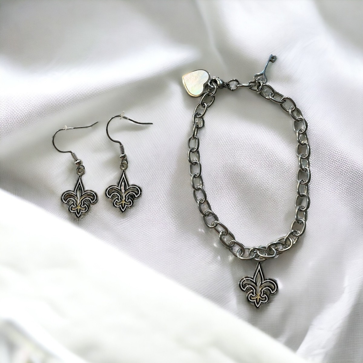 New Orleans Saints Bracelet and Dangle Earrings Stainless Steel