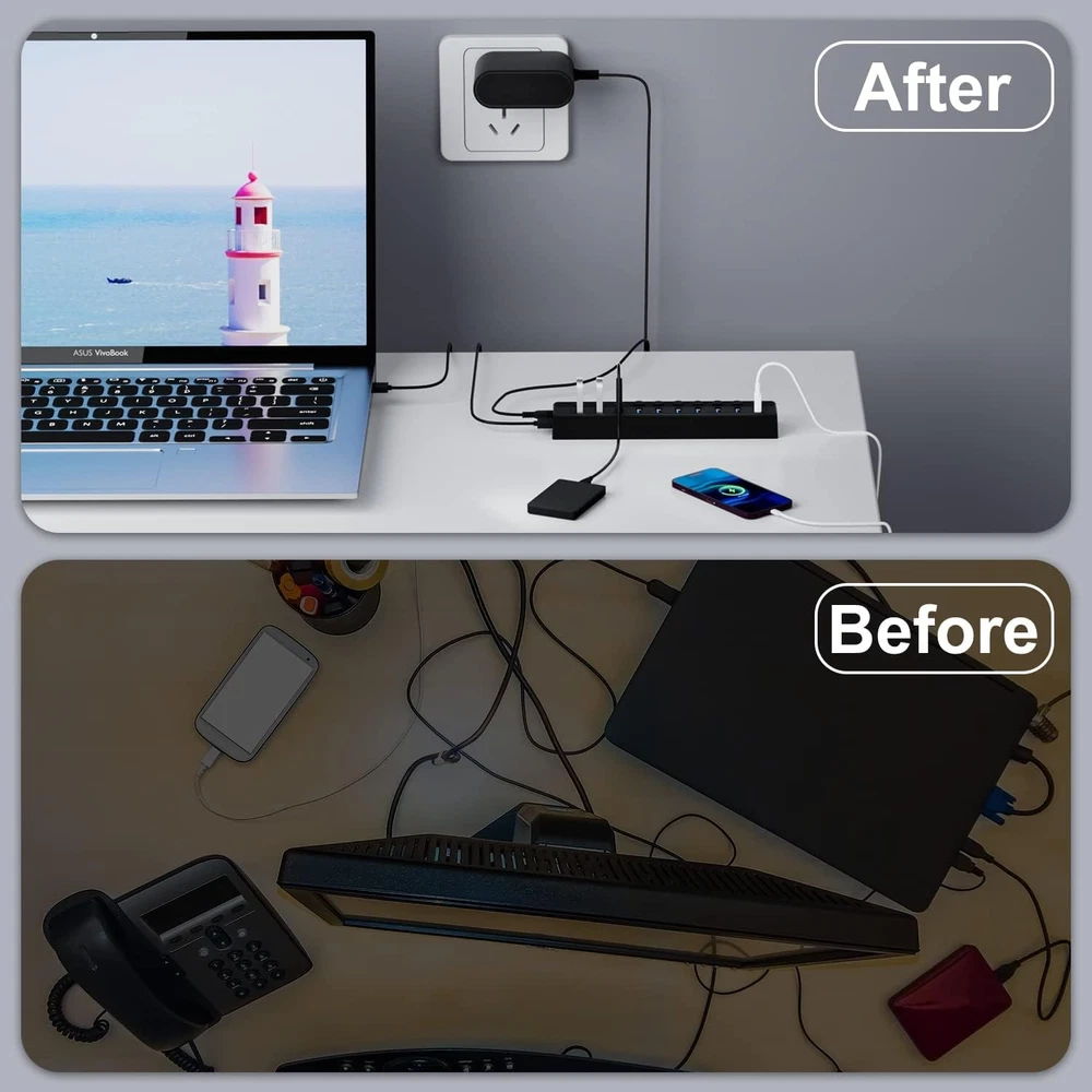 Powered USB Hub 3.0, 10-Port USB Splitter Hub with Individual On/Off Switches an