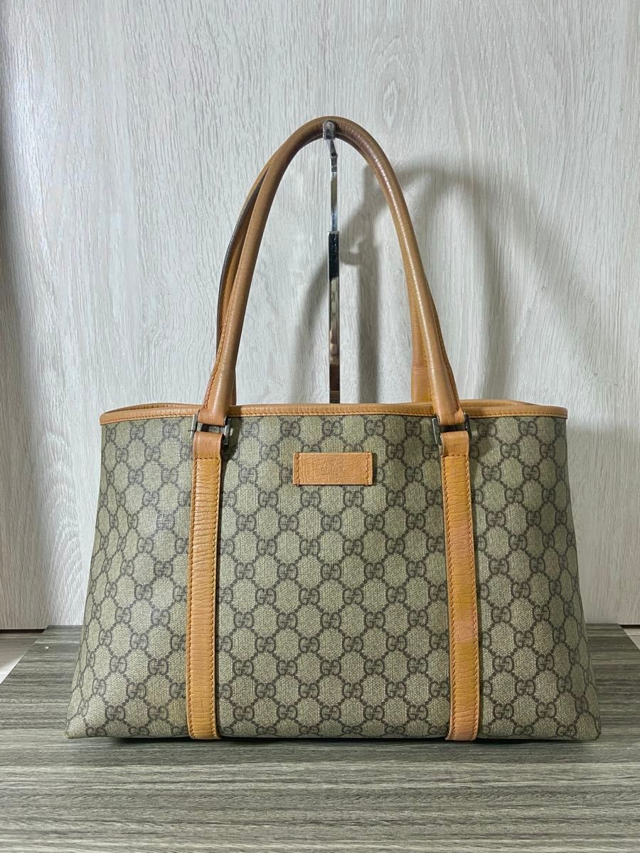 GUCCI tote bag GG supreme PVC leather logo plate beige orange handbag JAPAN