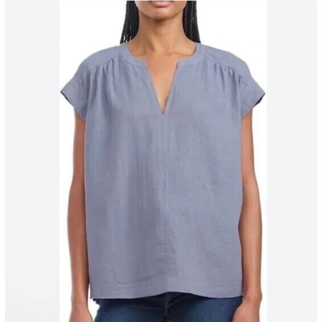 Splendid Blue Linen Chambray Split Neck Shirt Pop… - image 3