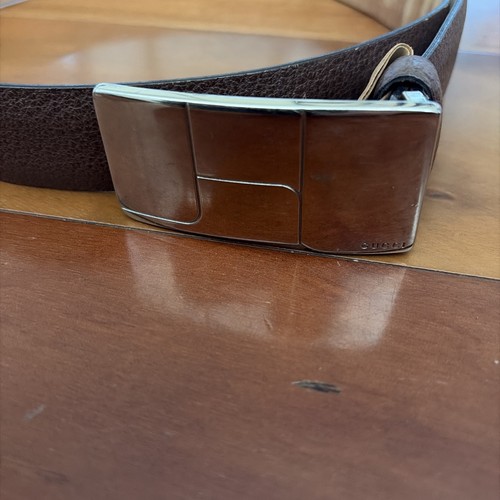 Vintage GUCCI Tom Ford Era Brown Leather Block G Plate Buckle Belt Size 70 / 28