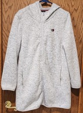 TOMMY HILFIGER FULL ZIP HOODIE FLEECE JACKET, LONGER LENGTH, GRAY, SZ L LARGE