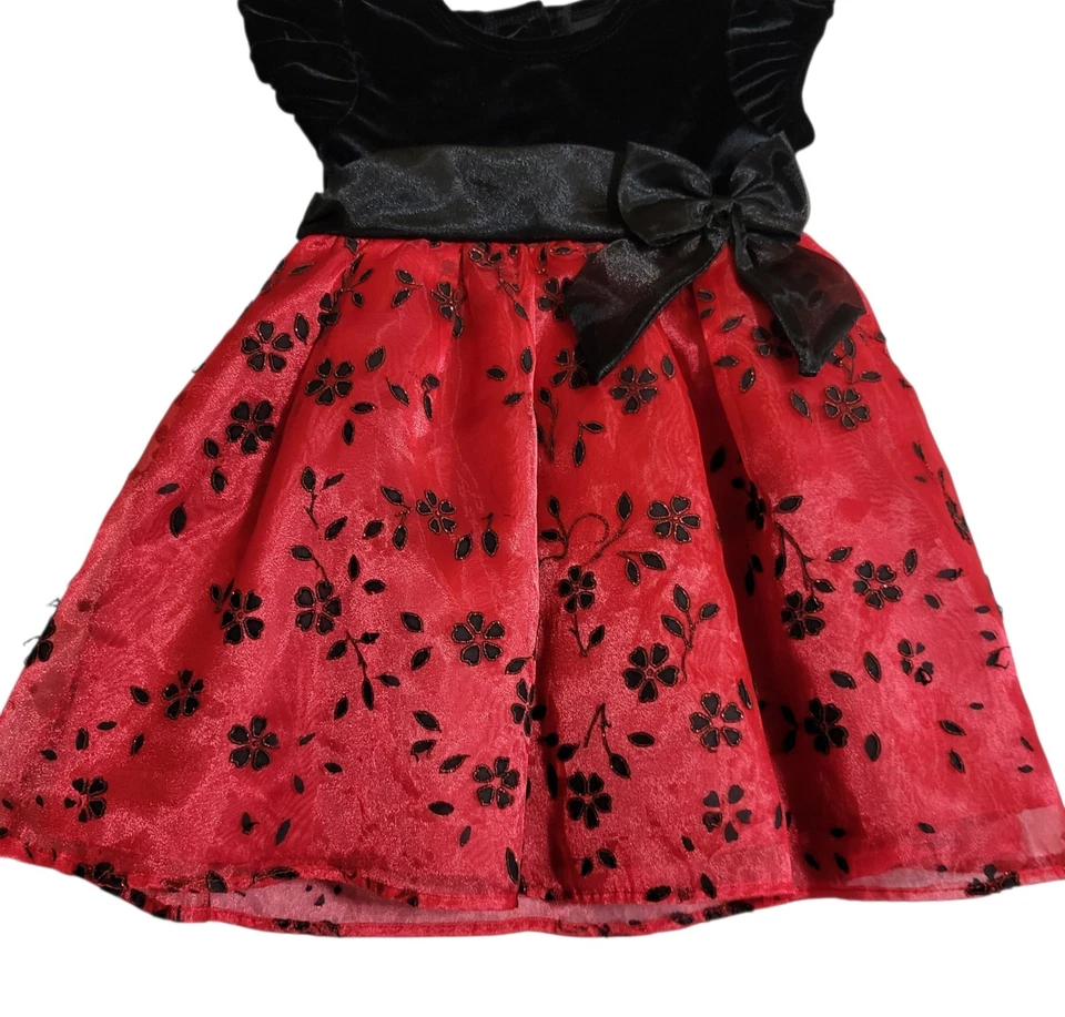 Редкие издания праздник вечеринки платье ребенка ясельного возраста 24 М красный цветочный черный бархат бант - Изображение 3 из 4
