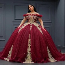 Red Quinceanera Dresses Sleeves Corest Appliques Round Neck Wedding Party