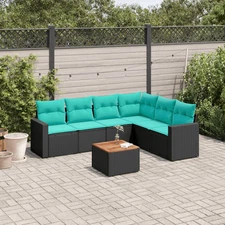 7 Piece Patio Sofa Set with Cushions Black Poly Rattan