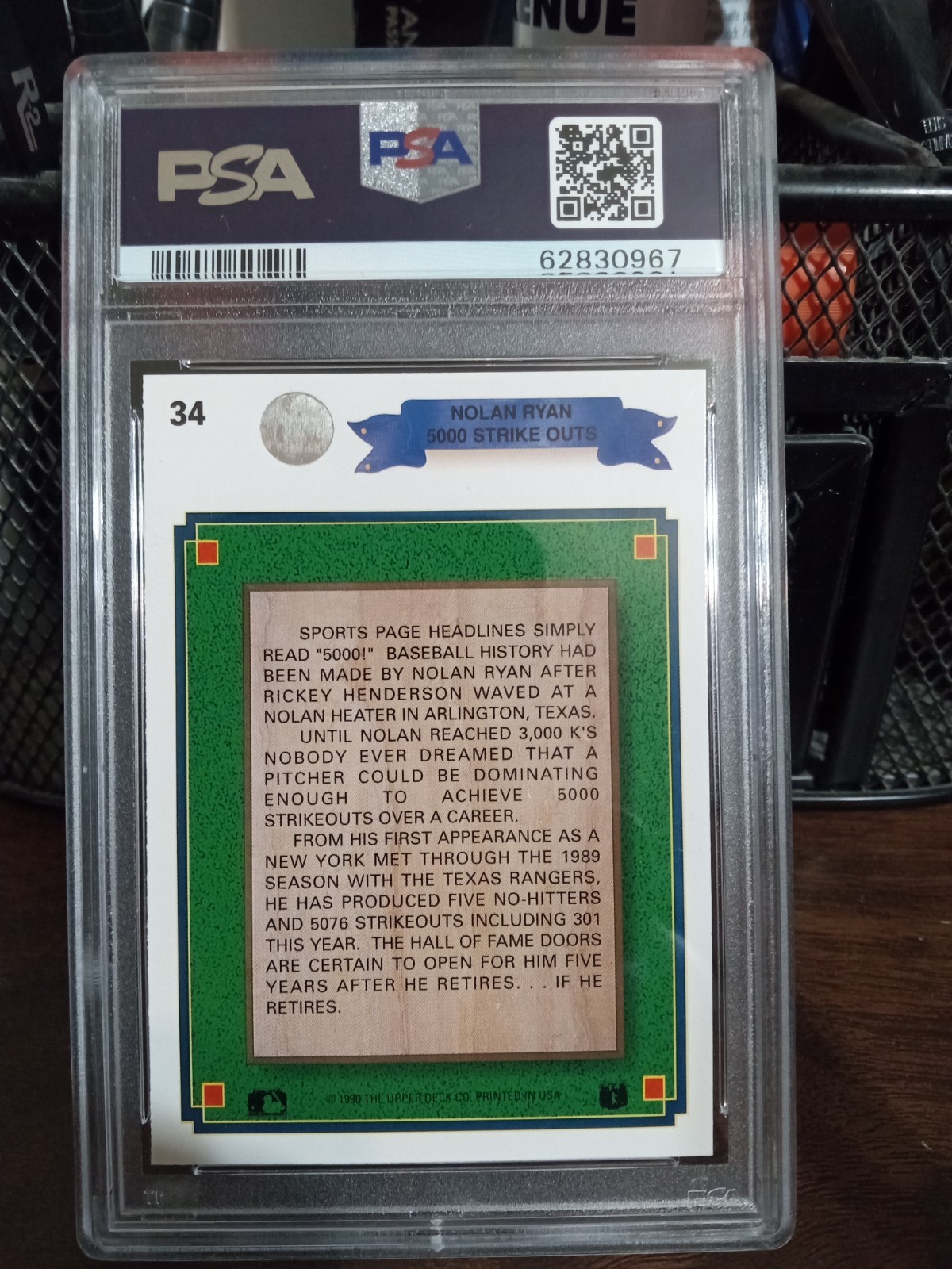 1990 Upper Deck Nolan Ryan #34 PSA 10 GEM MT 5000 Strikeouts view 2