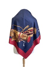 Vintage Equestrian Silk Scarf Golf Bag Horse Saddle Print Navy Red Square A8