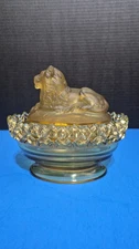 VINTAGE IMPERIAL GLASS COVERED CANDY DISH AMBER SATIN ATTERBURY SITTING LION