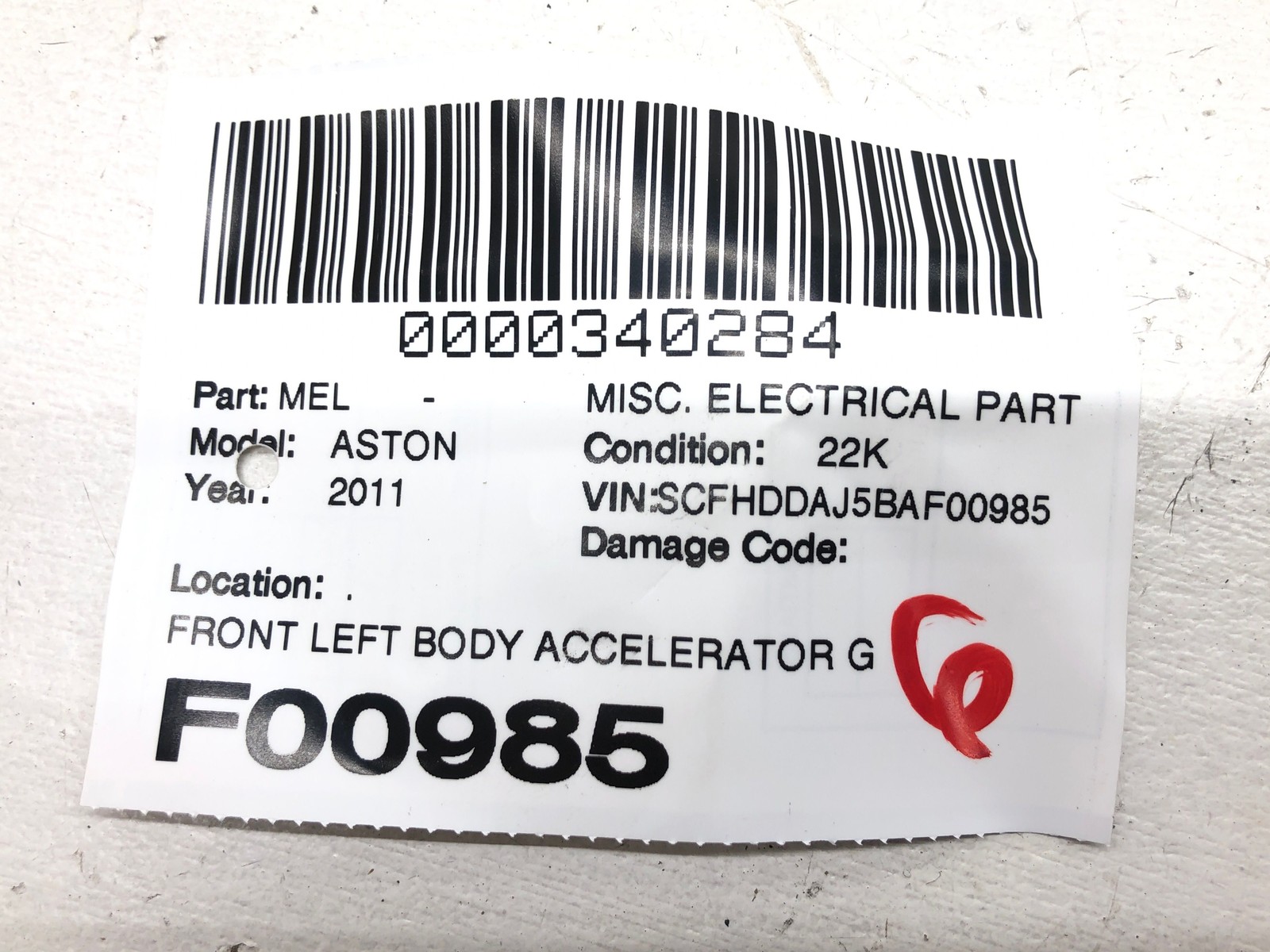 2010-2020 ASTON MARTIN RAPIDE FRONT ACCELEROMETER BODY SENSOR 8D33-3C190-AA OEM