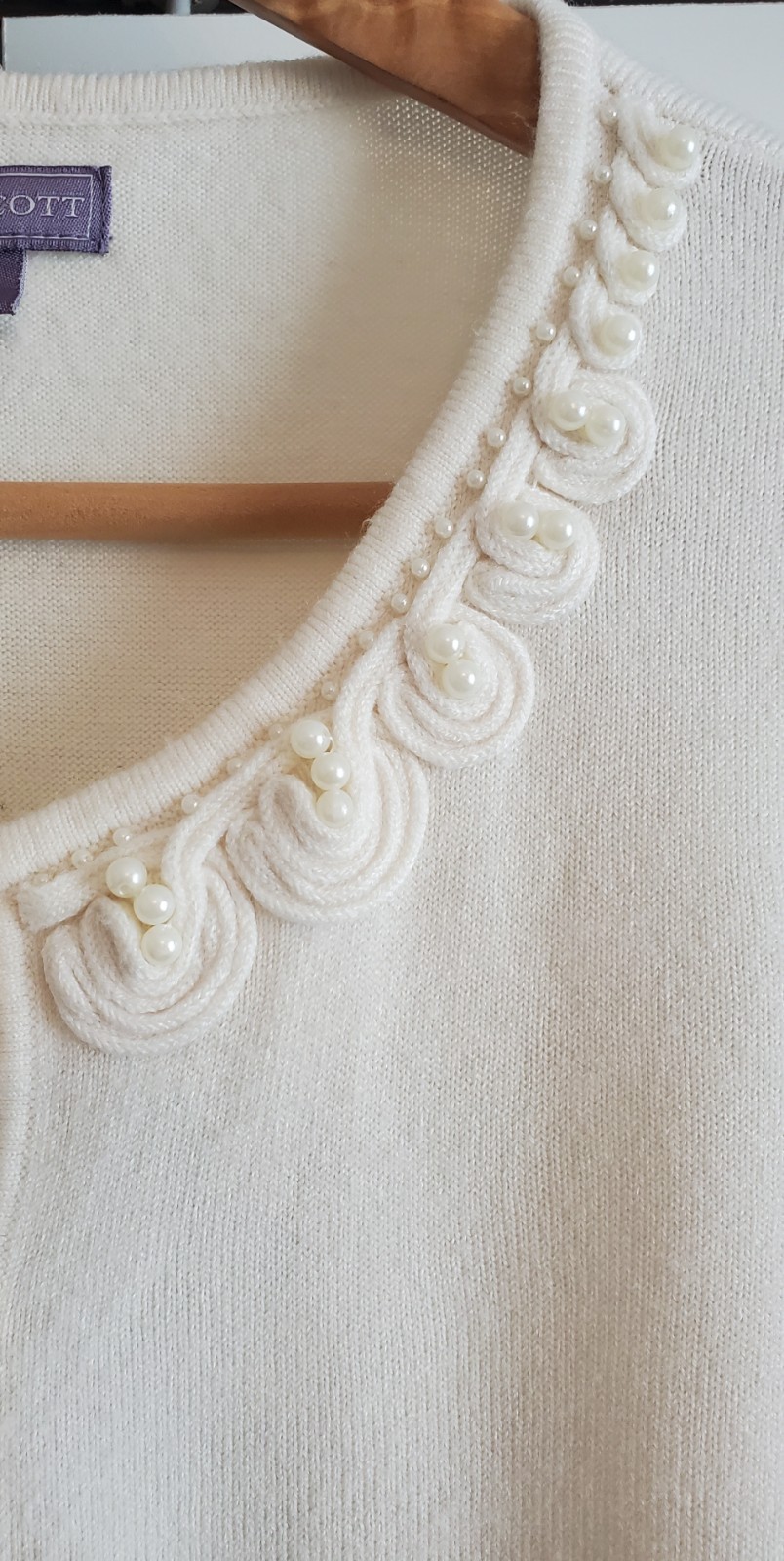 Womens Laura Scott Off White Rosette And Pearl Neck Button Down Cardigan Small thumbnail 3