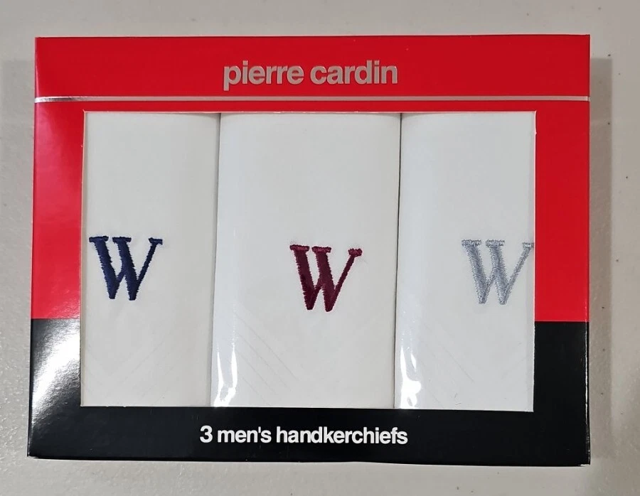Pierre Cardin 100% Cotton Handkerchiefs (3) Monogrammed Letter W NEW IN BOX