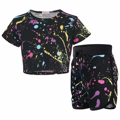 Kinder Pastell Splash bauchfreies Oberteil & Shorts Set Aktivkleidung Sommer Mädchen Jungen Alter 5-13
