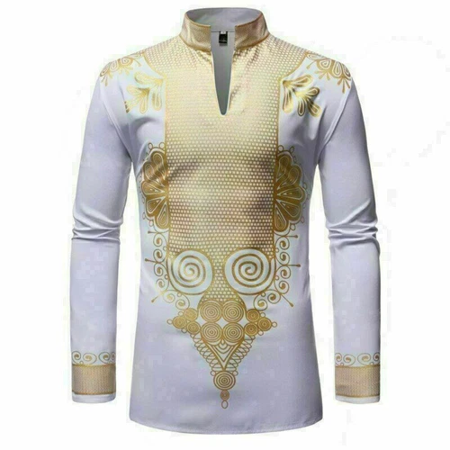 Herren Print Shirt African Dashiki Luxus Tribal Metallic Gold Top Bluse Shirt - Bild 2 von 23