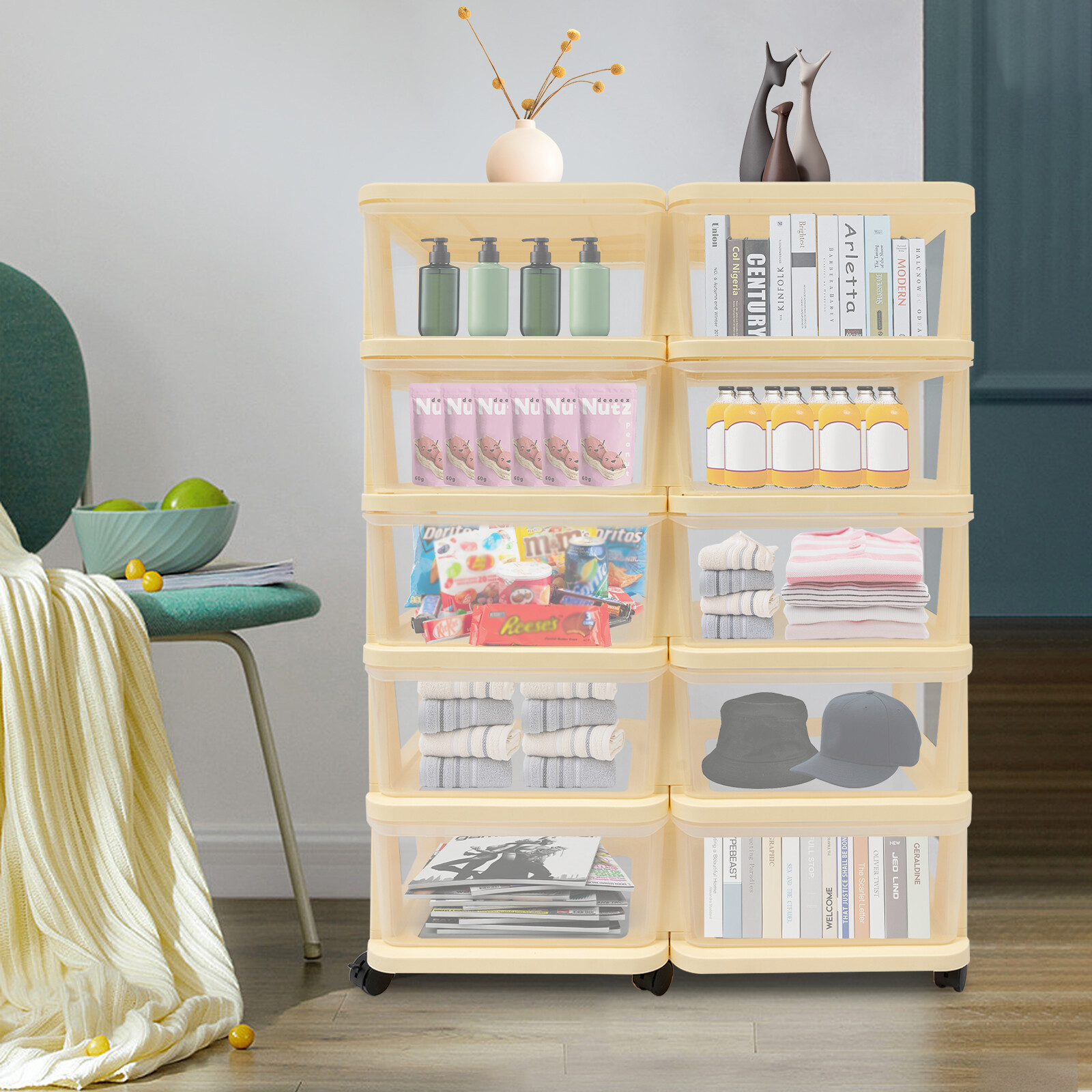 5-Tier Rolling Collapsible Storage Cabinet Organizer with Wheels for Home & Office