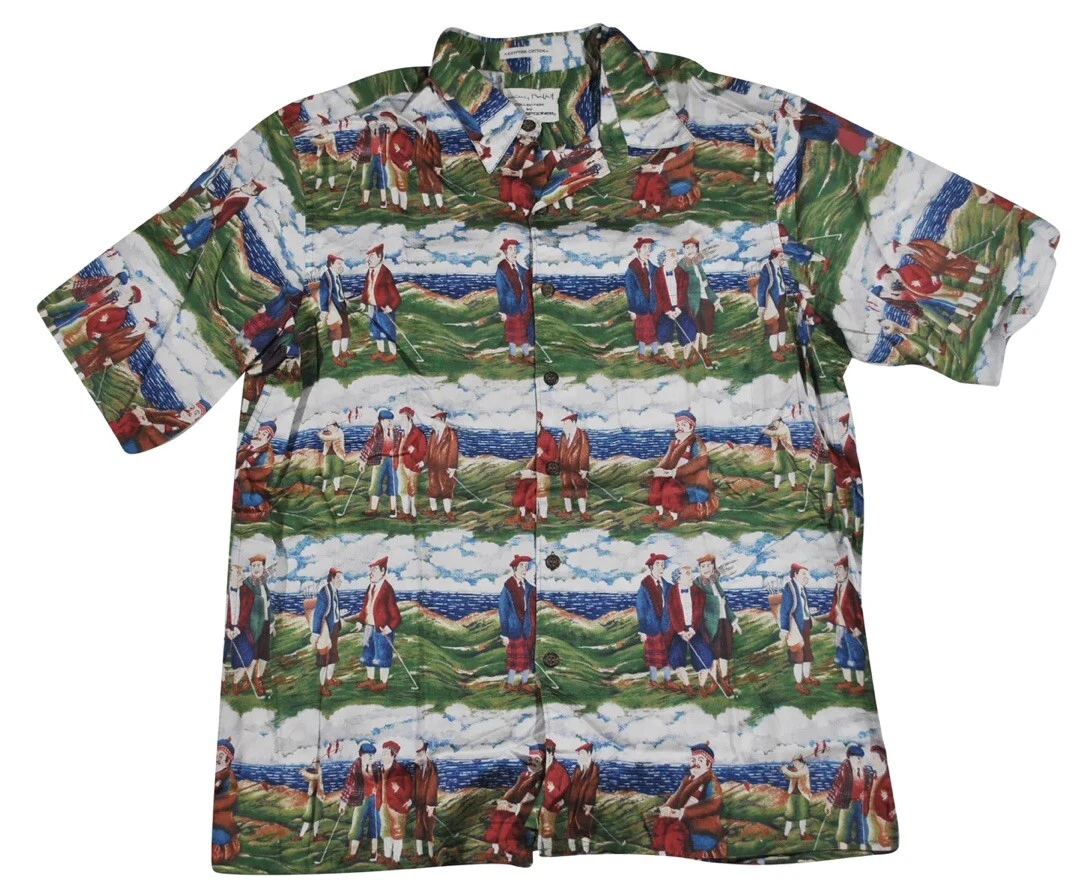 Vintage Reyn Spooner Golf Course Pattern Print Hawaiian Button Shirt Size Large