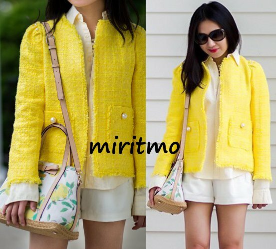 A487 ZARA BLAZER YELLOW TWEED PEARLS BOUCLE TWILL TEXTURED