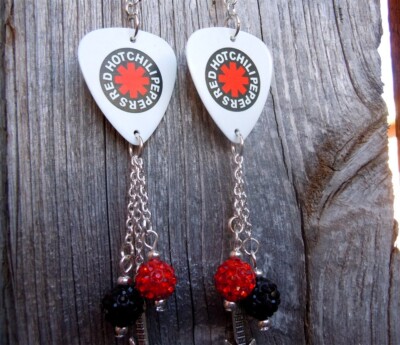Red Hot Chili Peppers White Guitar Pick Earrings with Pave and Charm Dangles