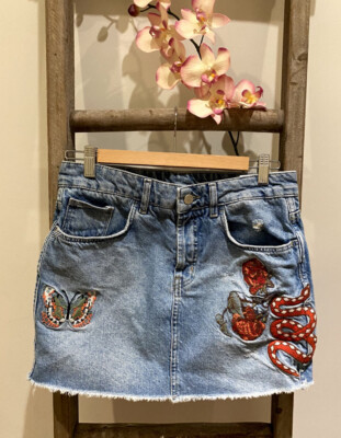 NEW Reiko Mini Tight Denim Skirt With Embroidery - Size XS