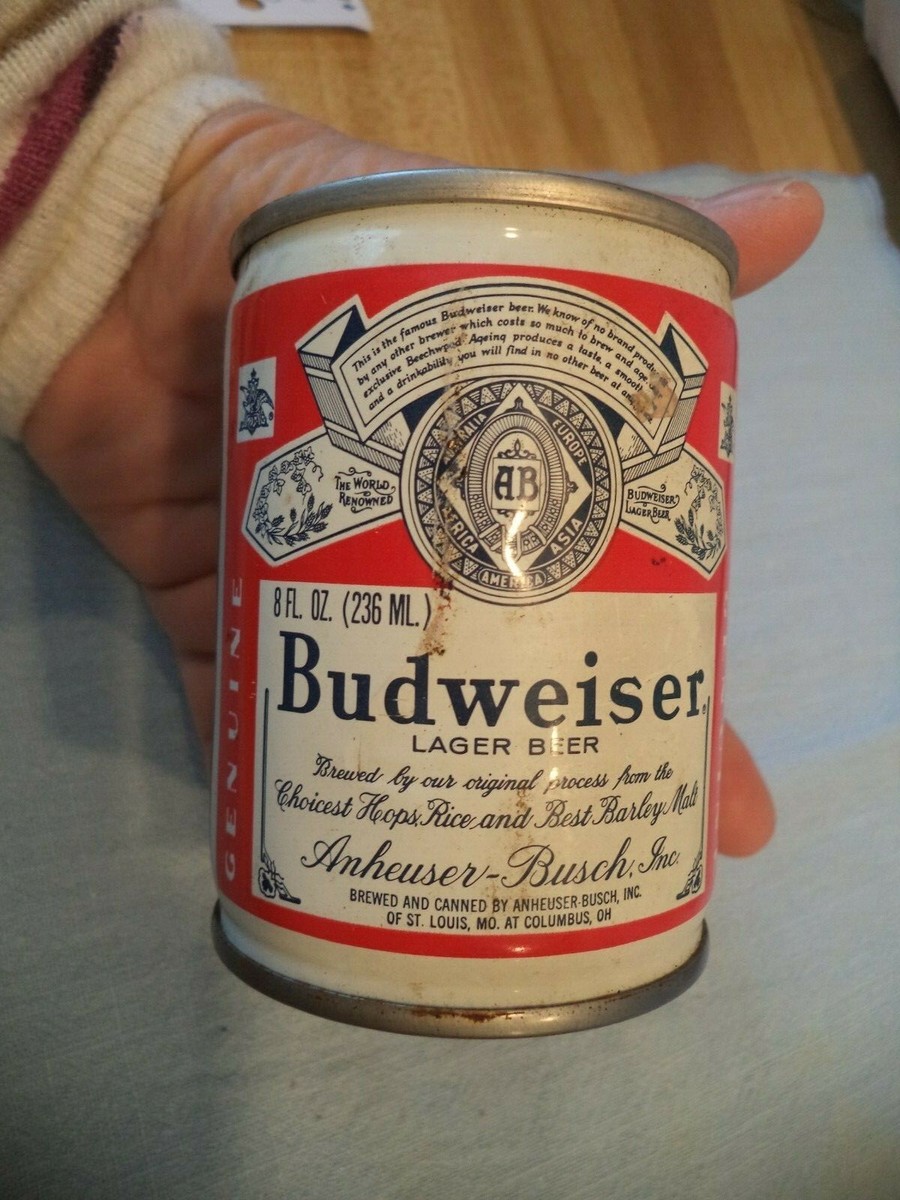 BUDWEISER 8 OZ STEEL ROUND EDGE BEER CAN ST LOUIS, MO AT COLUMBUS