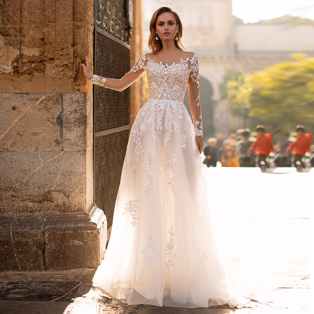Elegant Tulle Wedding Dresses O-Neck Long Sleeve Appliques Tulle Bridal  Gowns US | eBay