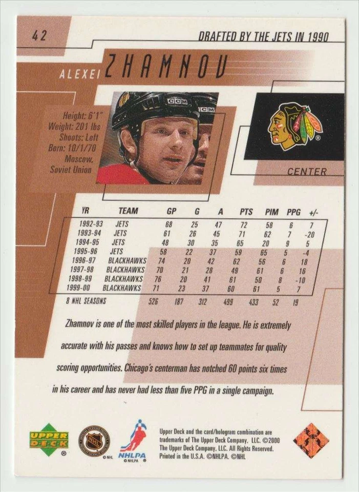 2000 Upper Deck #42 Alexei Zhamnov Hockey Card Chicago Blackhawks - Image 2 of 2