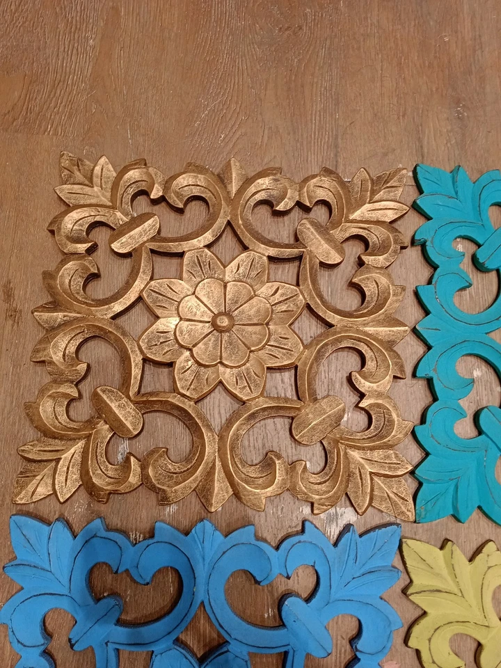 Wooden Square Mandala Wall Art Set of 4 pcs Handmade Distressed Carved Teak - Image 3 of 4