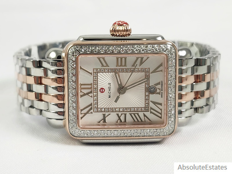 Michele deco two-tone watch, rose gold and silver. Michele Deco Two-Tone 18k Gold-Plated Diamond Watch Ref  main image 4