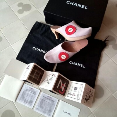 CHANEL COCO MARK Flower Heel Sandals Mules Pumps Sabo Shoes Women
