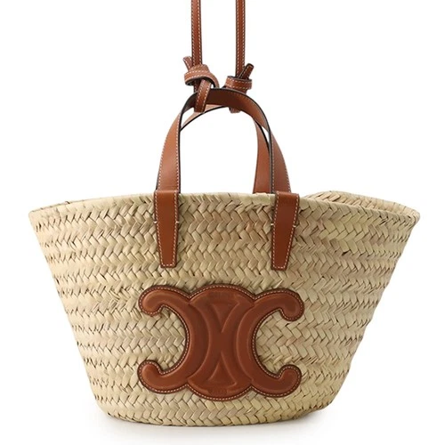 CELINE Teen Triomphe Panier Basket Bag Raffia/Calf Leather Brown/Beige 19400...