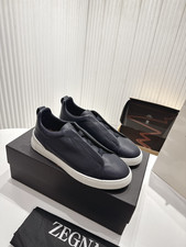 Zegna Triple‑Stitch Navy Leather Men Slip‑On Low Top Sneakers