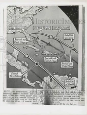 1958 Press Photo Map indicates stages of Vanguard rocket launch from Florida
