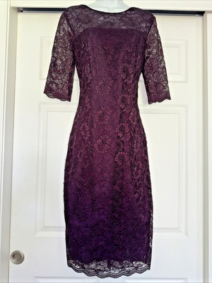 MONIQUE LHUILLIER Dress Sz 10 Plum Lace Sheath Overlay Cocktail