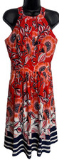 Eliza J Fit & Flare Dress 6 Womens Red Floral Pleated Halter Neck Keyhole Back